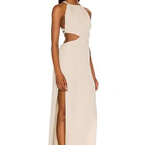 Revolve Indah Tan Cut Out Side Open Back Maxi Dress